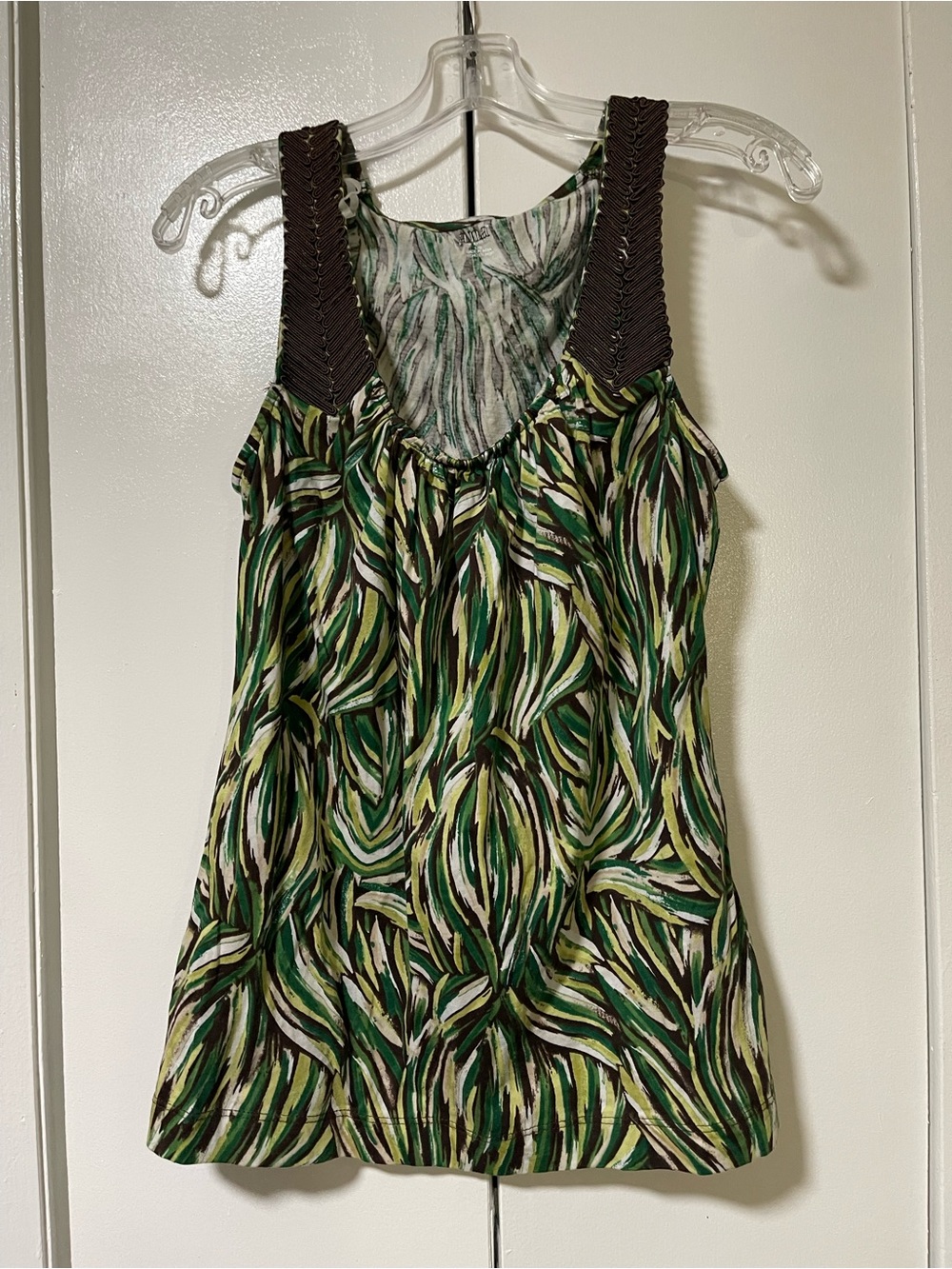 Anna Green Multi-Leaf Print Tank with Brown Braided Straps